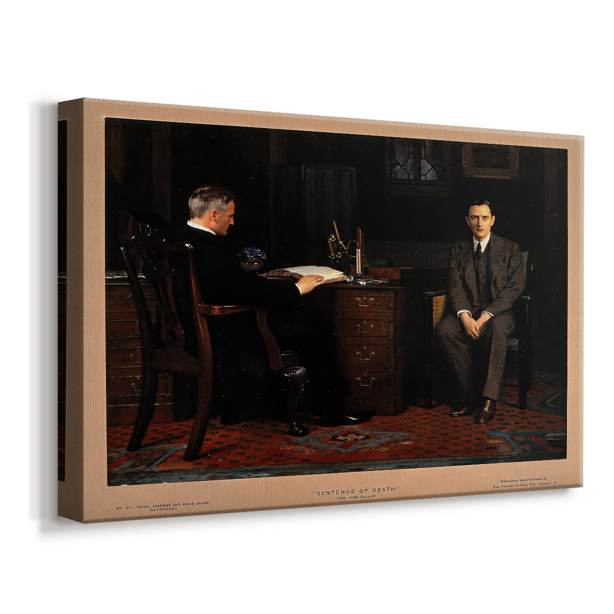 Canvas art print featuring a narrative scene depicting judgment, displayed at an angle