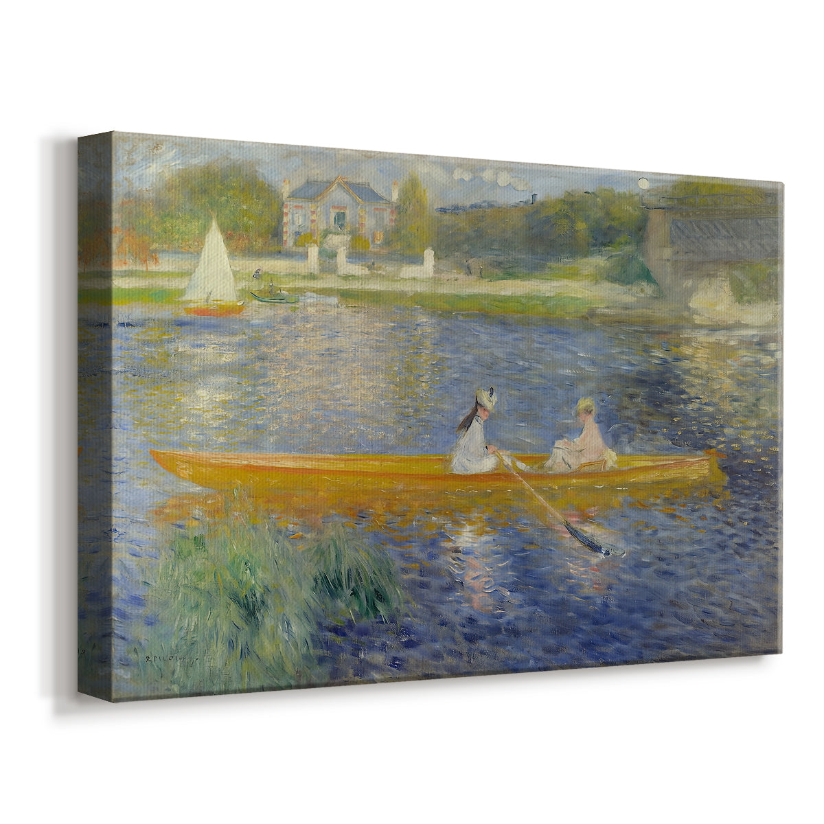 Canvas art print featuring an impressionist boating scene with people relaxing in a narrow skiff, displayed at an angle