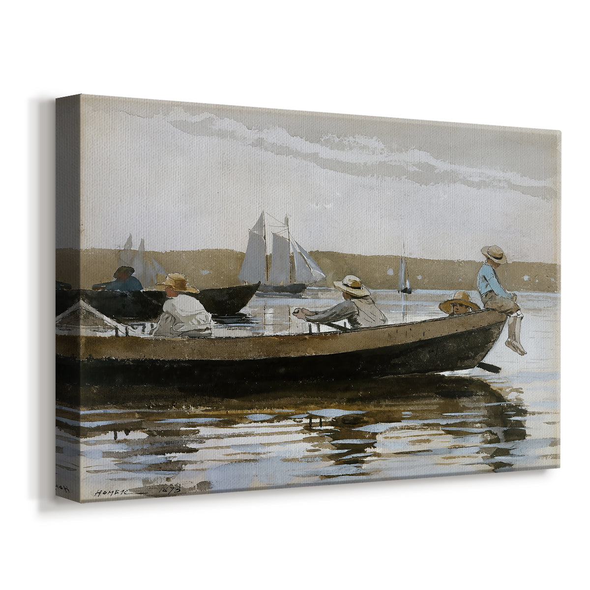 Canvas art print featuring an intimate scene with figures resting inside narrow vessel, displayed at an angle