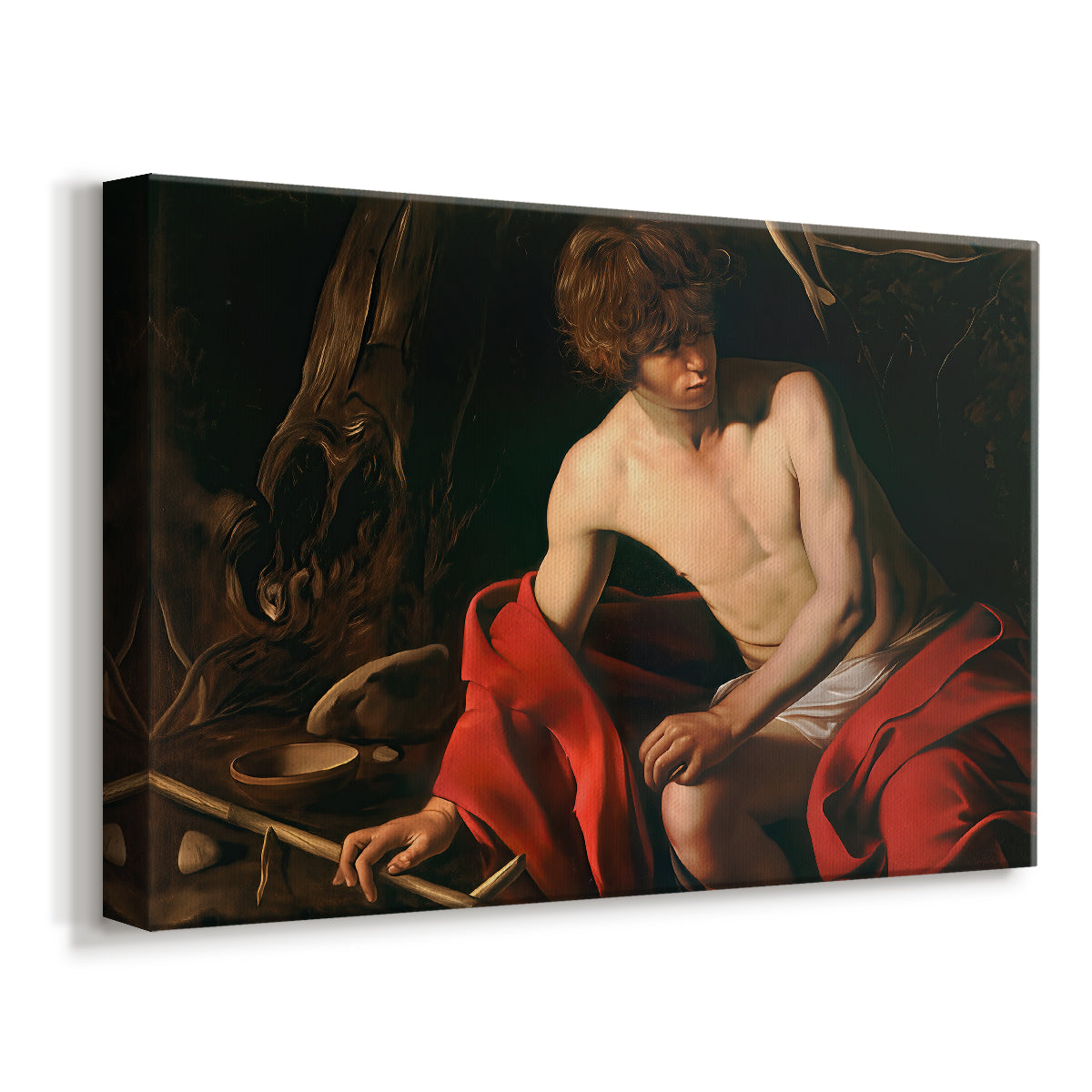 Canvas art print featuring a solitary figure of Saint John resting in natural setting with soft light, displayed at an angle