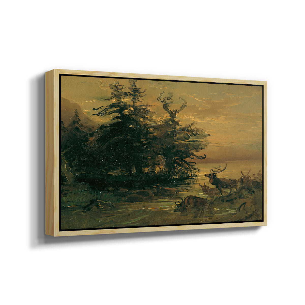 Wallowing Deer on the Shore of a Mountain Lake, c. 1850 - Floater Framed Canvas Print