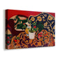 Canvas art print featuring an expressive tabletop arrangement with food and ceramics, displayed at an angle