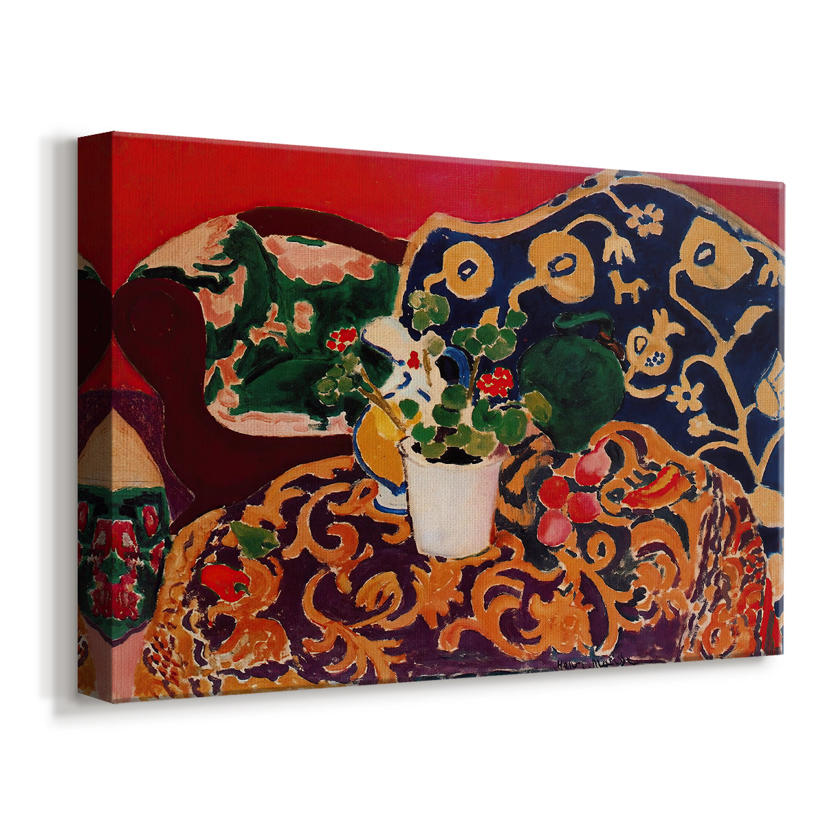 Canvas art print featuring an expressive tabletop arrangement with food and ceramics, displayed at an angle