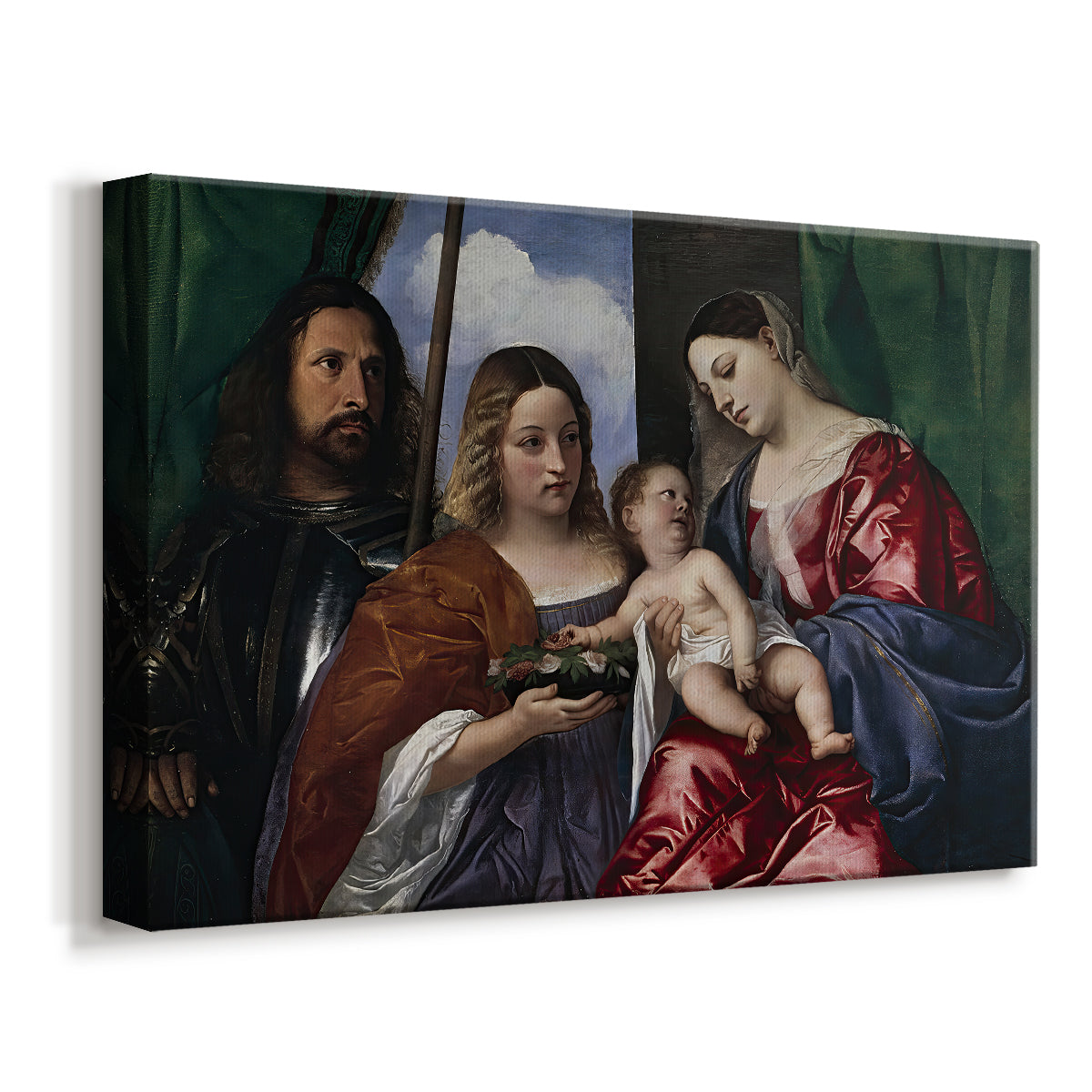 Canvas art print featuring a religious group scene with sacred figures gathered around mother and child, displayed at an angle
