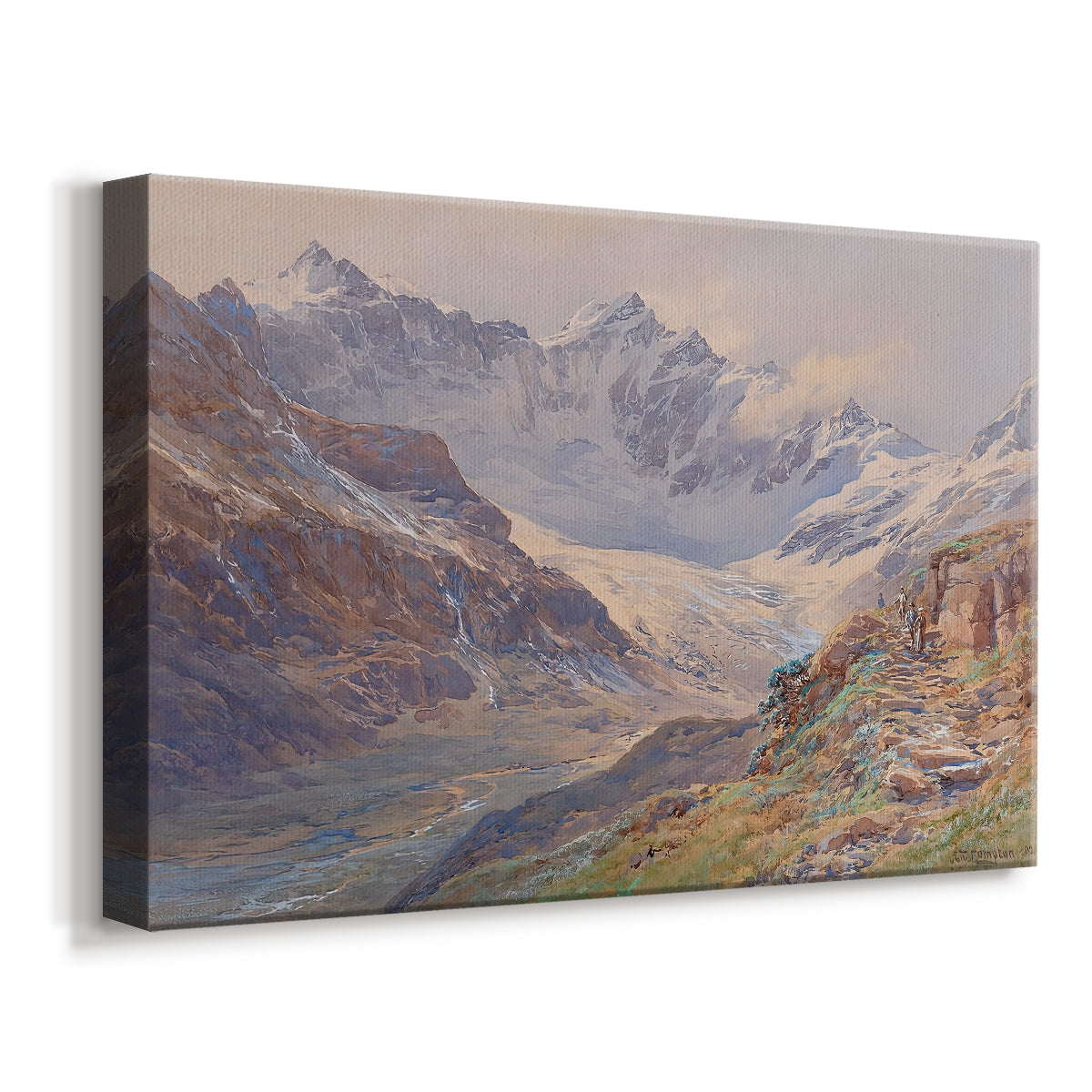 Canvas art print featuring a mountain scene with glacier stretching through rocky valley, displayed at an angle