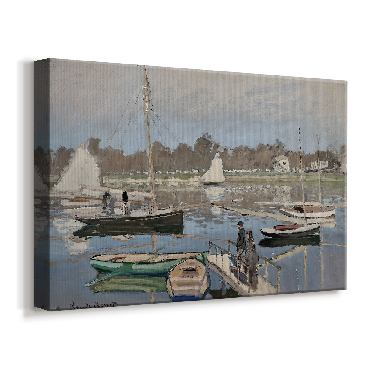 Canvas art print featuring an impressionist boating scene with clustered masts and gentle ripples, displayed at an angle