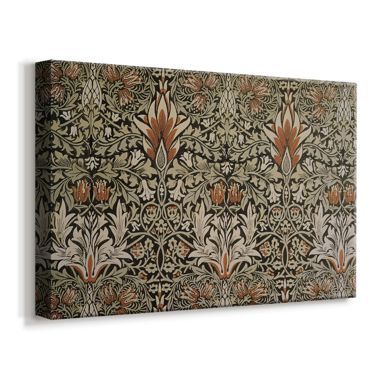 Canvas art print featuring a decorative textile with stylized flowers arranged in vertical rhythm, displayed at an angle