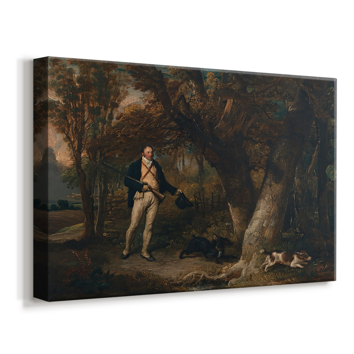 Canvas art print featuring a hunting scene with figure and dogs in open field, displayed at an angle
