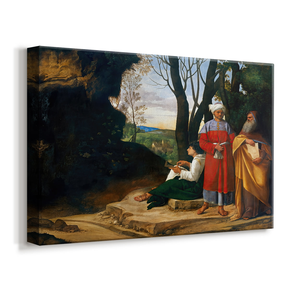 Canvas art print featuring a Renaissance scene of figures contemplating in natural setting, displayed at an angle