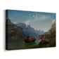 Canvas art print featuring a wedding party traveling by boat through a Norwegian fjord with towering mountains, displayed at an angle