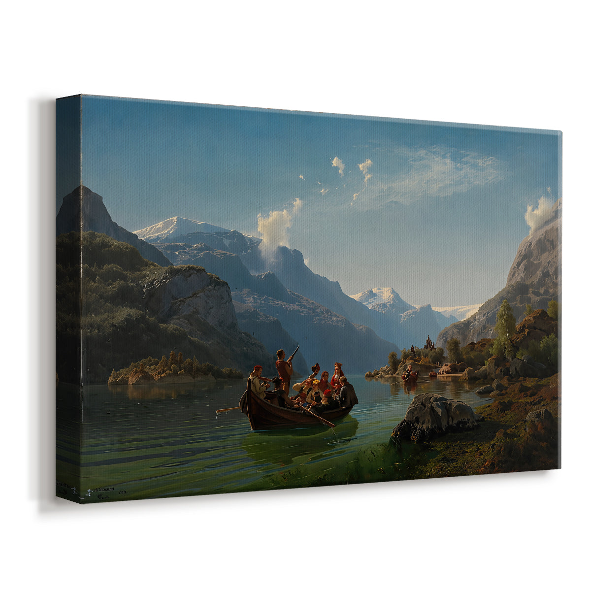 Canvas art print featuring a wedding party traveling by boat through a Norwegian fjord with towering mountains, displayed at an angle