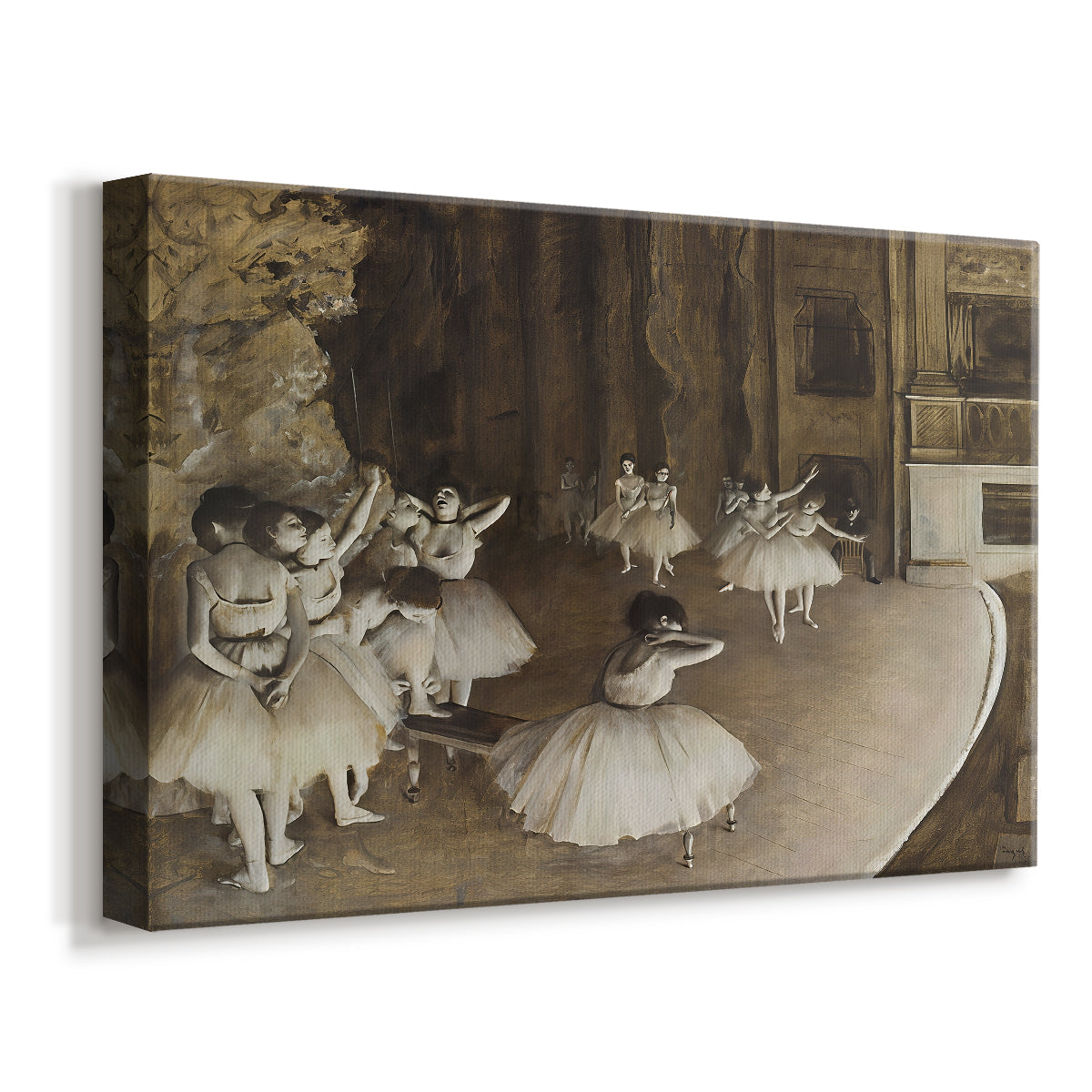 Canvas art print featuring a stage rehearsal scene with dancers preparing performance, displayed at an angle
