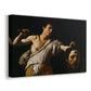 Canvas art print featuring a biblical scene of David gripping Goliath's head with dramatic lighting, displayed at an angle