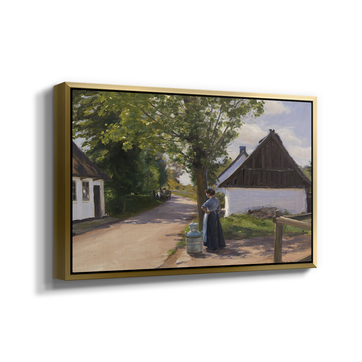 Danish Village Street with Woman and Milkman, 1880 - Floater Framed Canvas Print