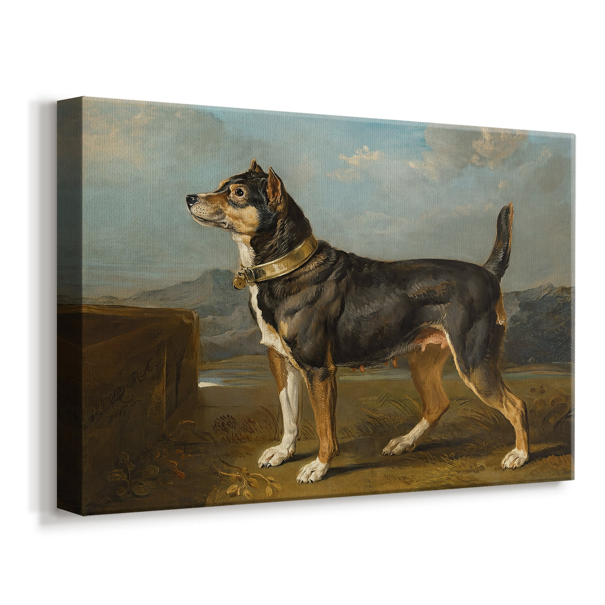 Canvas art print featuring a realistic dog portrait set in natural terrain, displayed at an angle