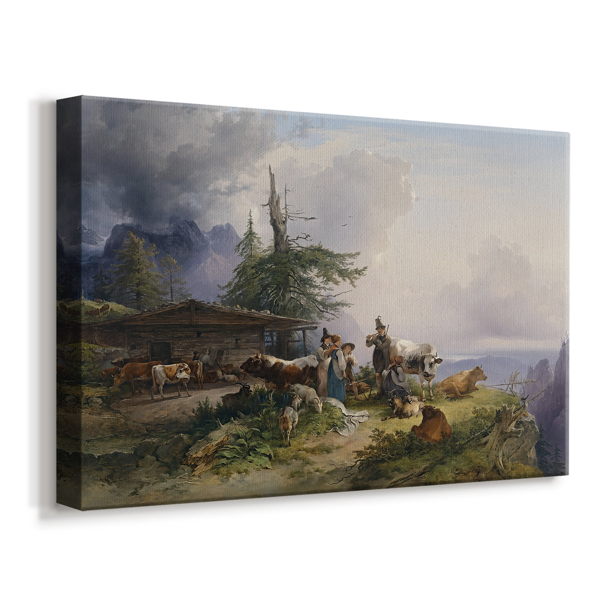 Canvas art print featuring a pastoral scene with animals and rural buildings in mountains, displayed at an angle