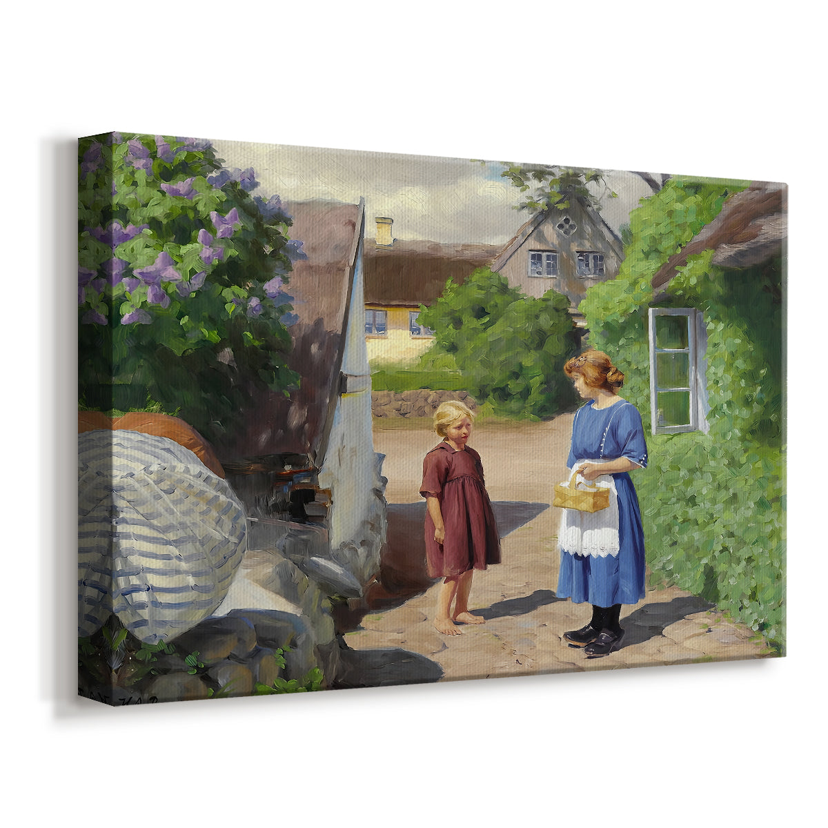 Canvas art print featuring a rural street scene with figures moving through sunny village, displayed at an angle