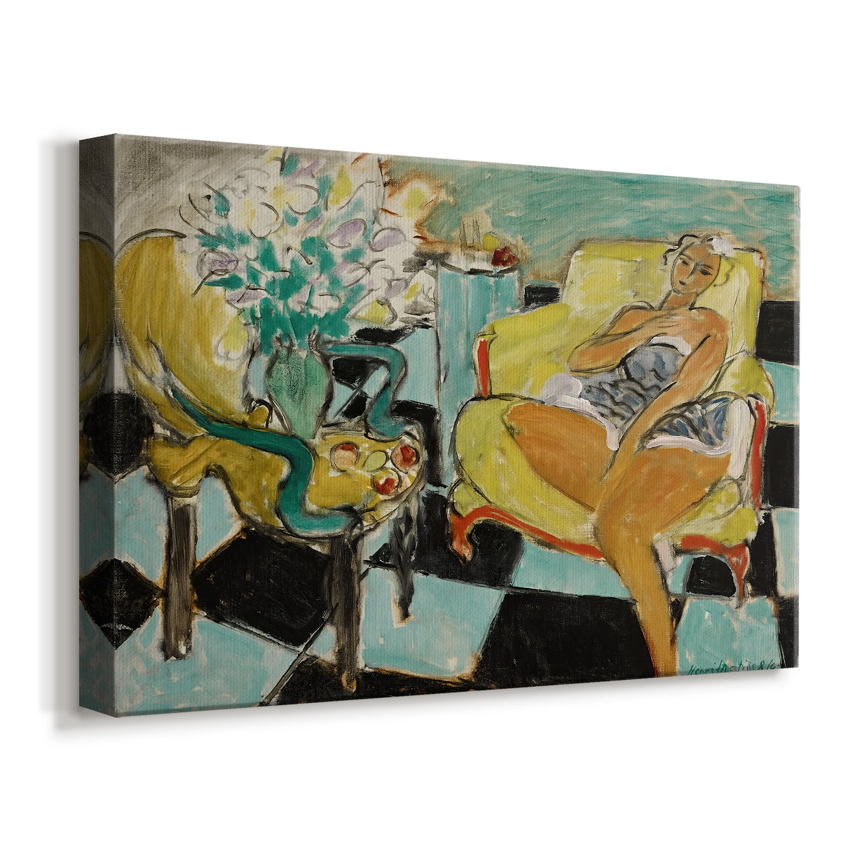 Canvas art print featuring an expressive portrait of a seated female figure with floral detail, displayed at an angle