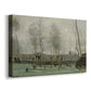 Canvas art print featuring a pastoral scene with figures working near riverbank, displayed at an angle