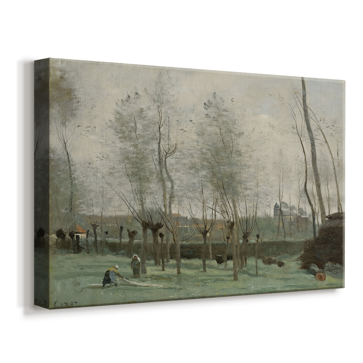 Canvas art print featuring a pastoral scene with figures working near riverbank, displayed at an angle
