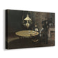 Canvas art print featuring a quiet domestic scene with lamp-lit table and subdued atmosphere, displayed at an angle