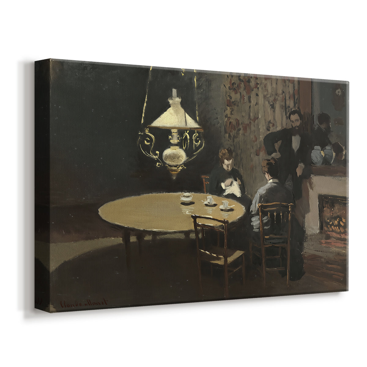 Canvas art print featuring a quiet domestic scene with lamp-lit table and subdued atmosphere, displayed at an angle