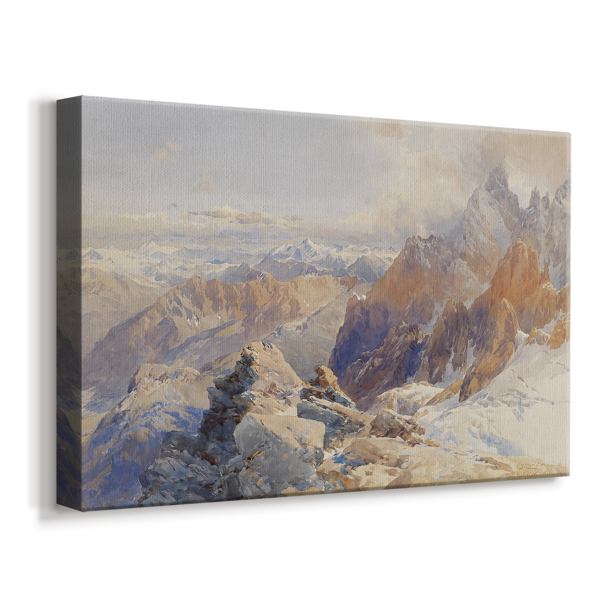 Canvas art print featuring a high mountain landscape featuring dramatic ridges and glacier terrain, displayed at an angle