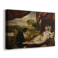 Canvas art print featuring a mythological figure scene with musician beside Venus, displayed at an angle