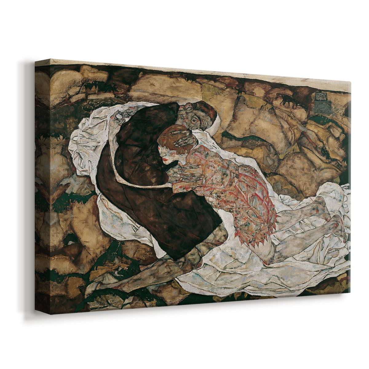 Canvas art print featuring a symbolic scene of mortality with two figures clinging together, displayed at an angle