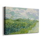 Canvas art print featuring a post-impressionist countryside scene with layered fields and horizon, displayed at an angle