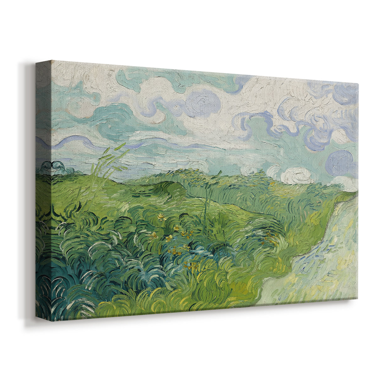 Canvas art print featuring a post-impressionist countryside scene with layered fields and horizon, displayed at an angle