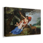 Canvas art print featuring a classical mythological scene of Venus and Adonis in a wooded landscape with cherubs, displayed at an angle