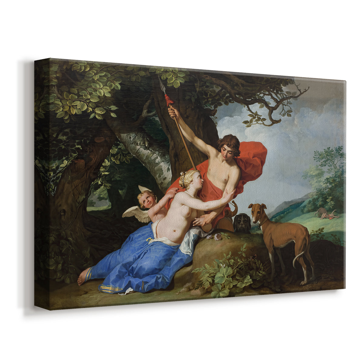 Canvas art print featuring a classical mythological scene of Venus and Adonis in a wooded landscape with cherubs, displayed at an angle