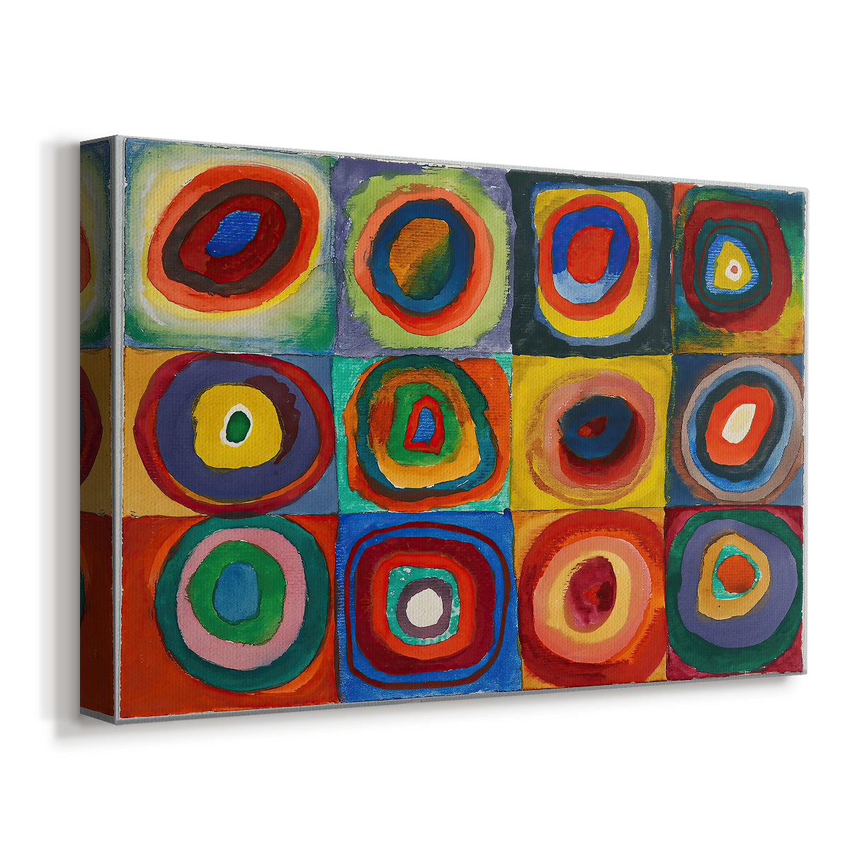 Canvas art print featuring a systematic exploration of color relationships within repeated structure, displayed at an angle