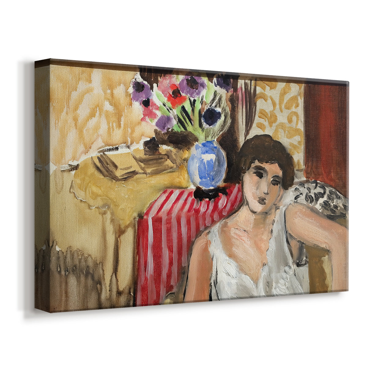 Canvas art print featuring a Fauvist portrait of a woman resting indoors, displayed at an angle