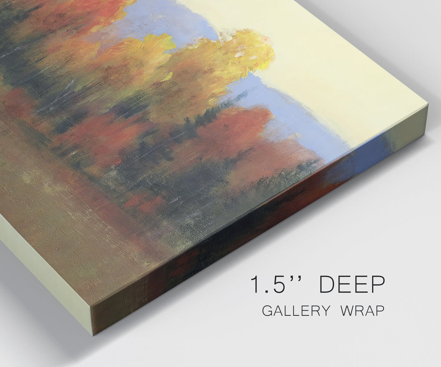 Close-up view of wrapped canvas corner featuring autumn landscape changing foliage.
