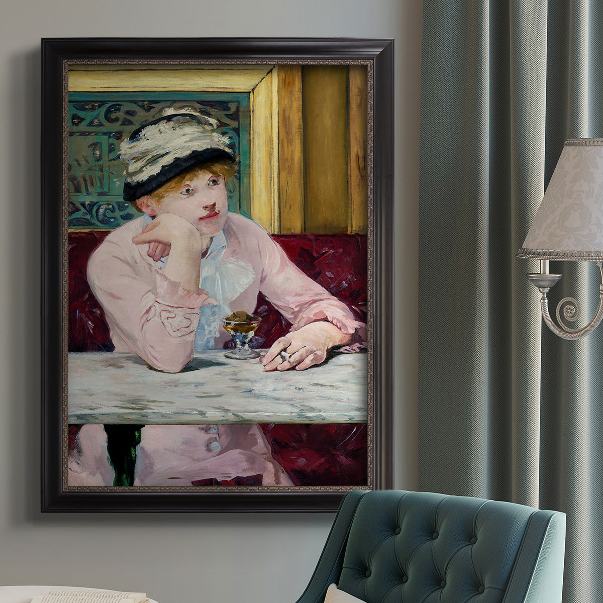 Impressionist portrait scene with plum brandy by Édouard Manet in an {frame_style_descriptor} displayed in a neutral interior setting.
