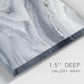 Close-up view of wrapped canvas corner featuring minimal monochrome abstract forms.