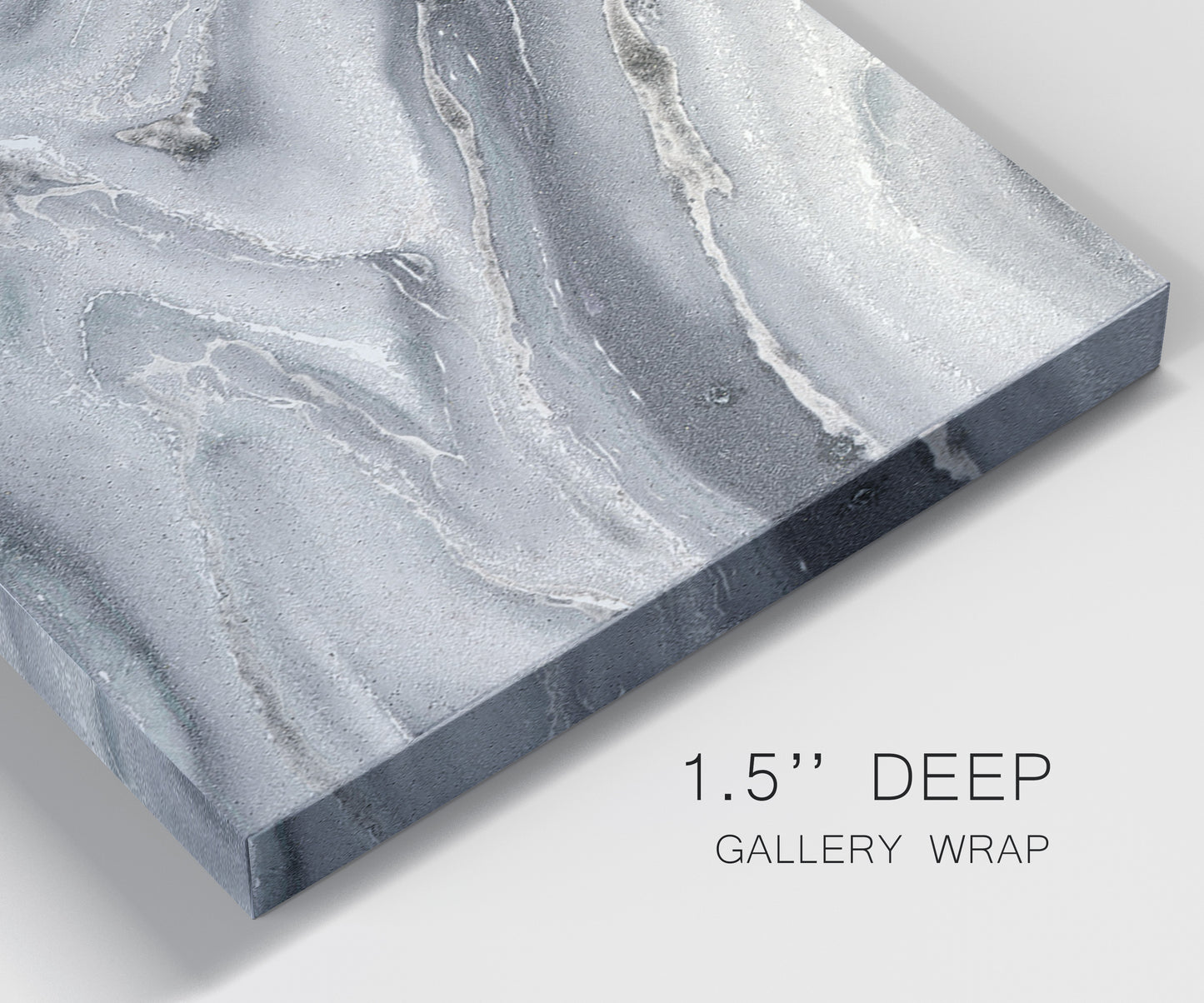 Close-up view of wrapped canvas corner featuring minimal monochrome abstract forms.