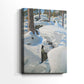 Side view of a canvas art print of a Nordic forest scene with tracks in fresh snow and bare winter trees, showing gallery-wrapped depth.