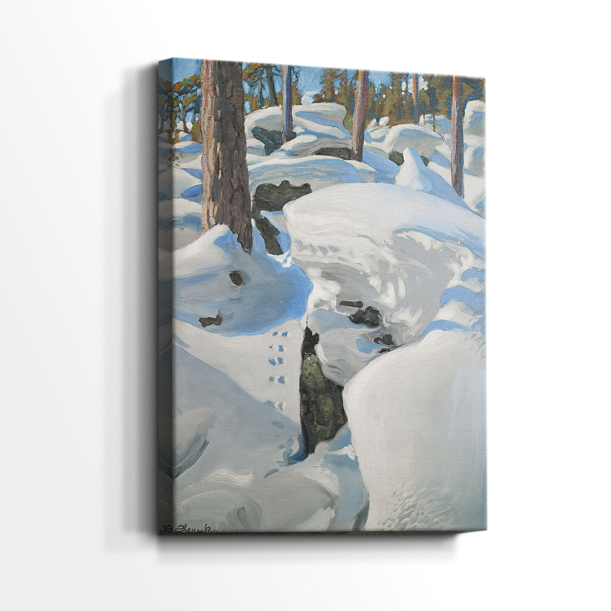 Side view of a canvas art print of a Nordic forest scene with tracks in fresh snow and bare winter trees, showing gallery-wrapped depth.