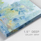 Close-up view of wrapped canvas corner featuring quiet abstract morning landscape.