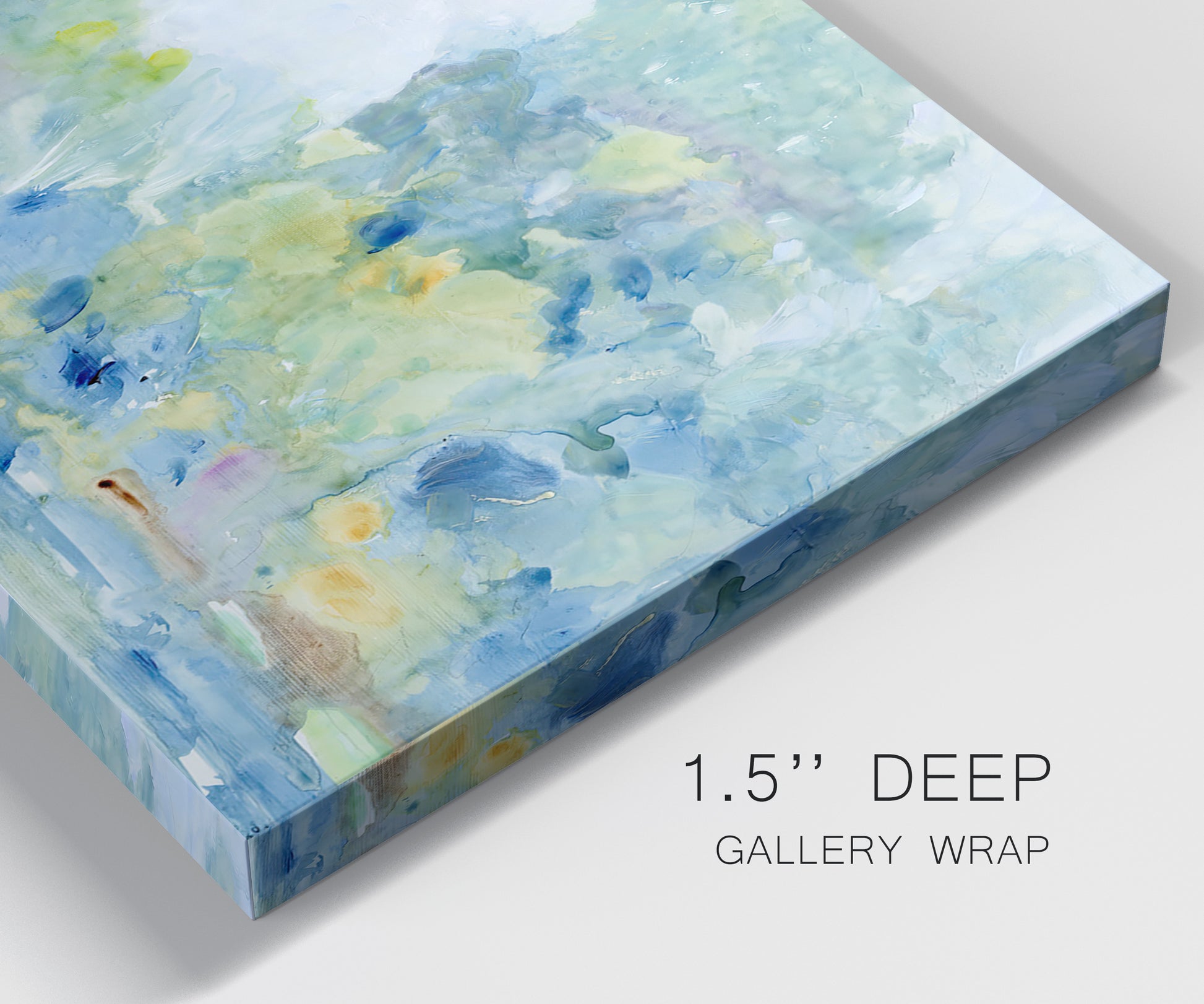 Close-up view of wrapped canvas corner featuring quiet abstract morning landscape.