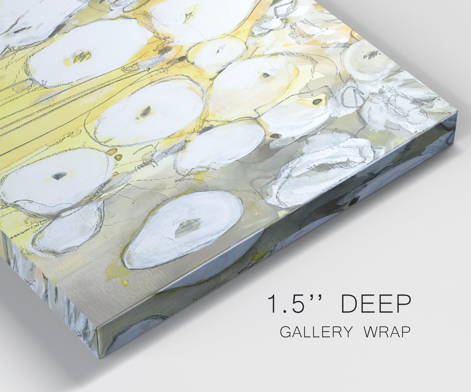 Close-up view of wrapped canvas corner featuring vintage inspired floral abstraction.