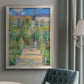 Impressionist garden landscape painting by Claude Monet in an {frame_style_descriptor} displayed in a neutral interior setting.