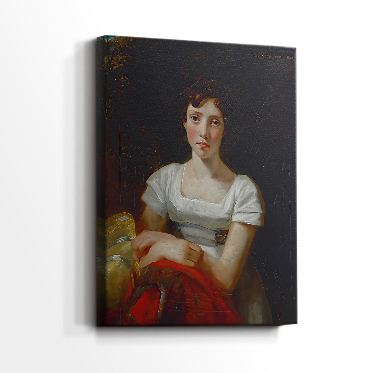 Side view of a canvas art print of a calm portrait with natural tones and smooth texture, showing gallery-wrapped depth.