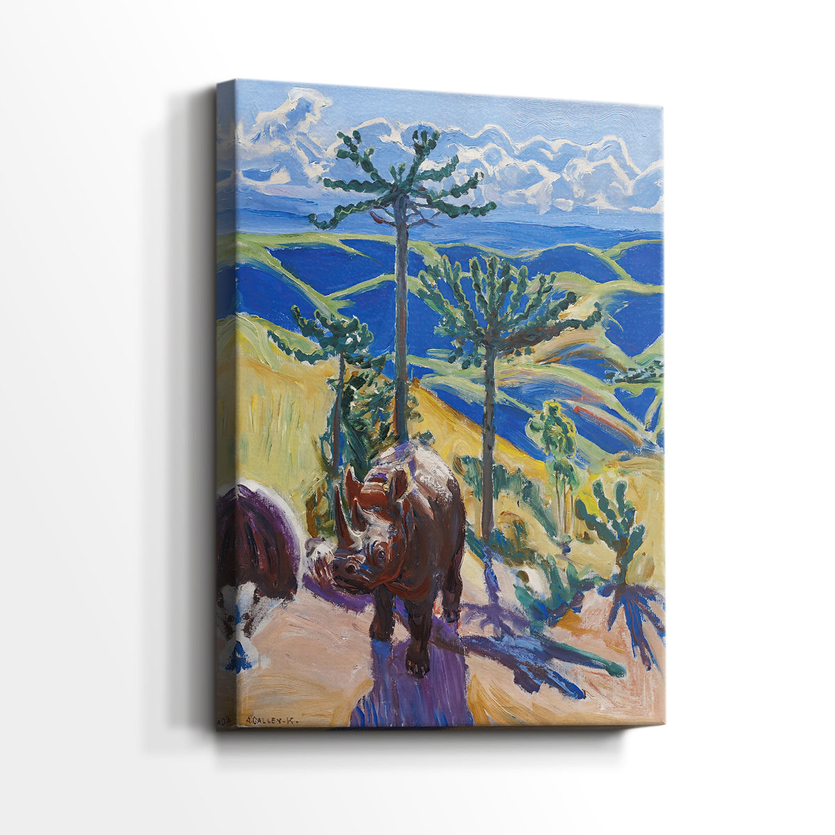 Side view of a canvas art print of an animal-focused composition with bold shapes and vibrant tones, showing gallery-wrapped depth.