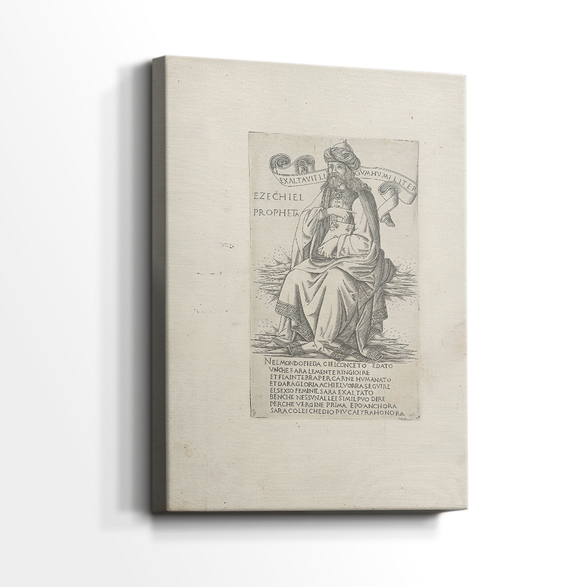 Side view of a canvas art print of a stylized figure with clean lines and minimal background, showing gallery-wrapped depth.