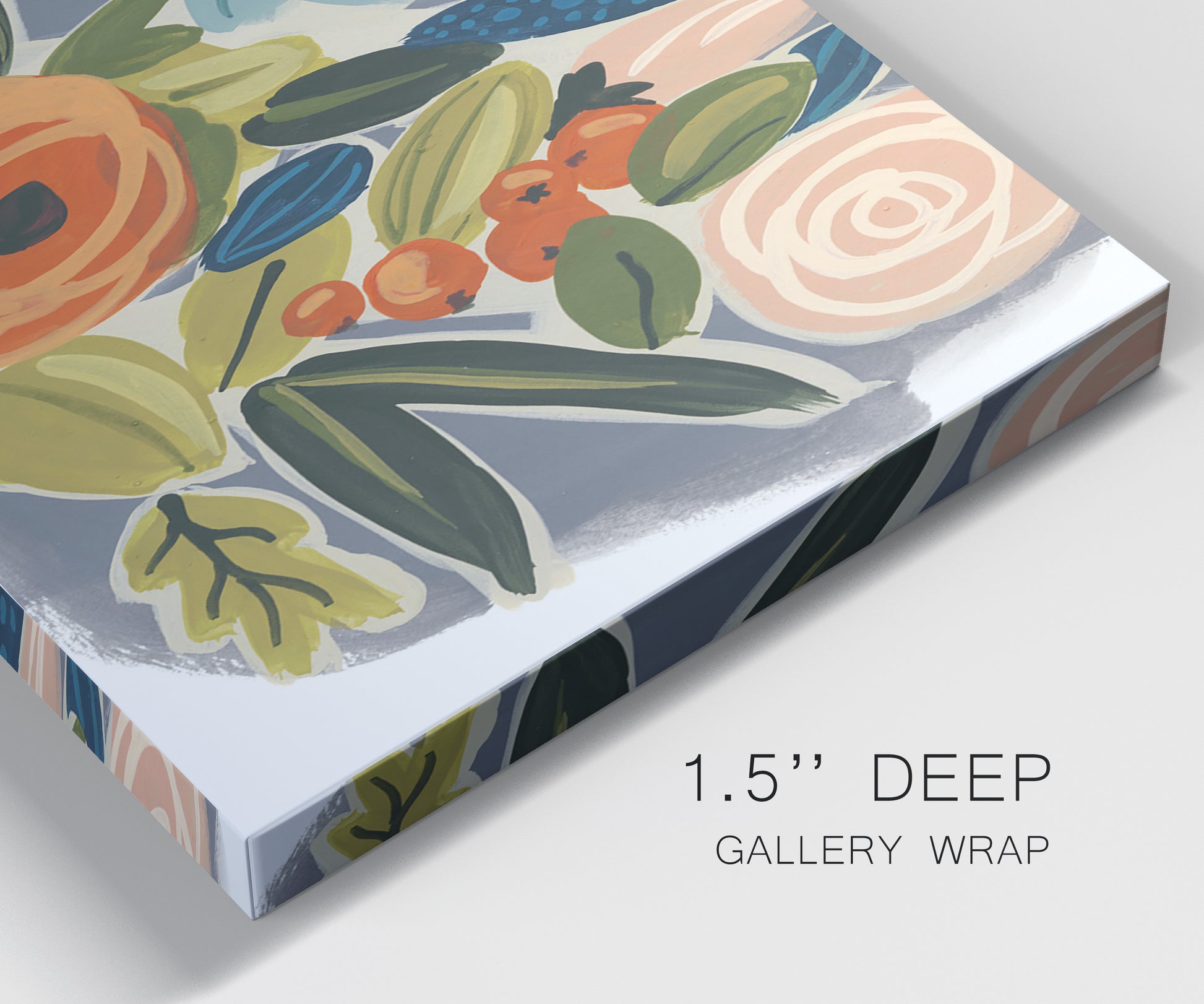 Close-up view of wrapped canvas corner featuring colorful botanical illustration.