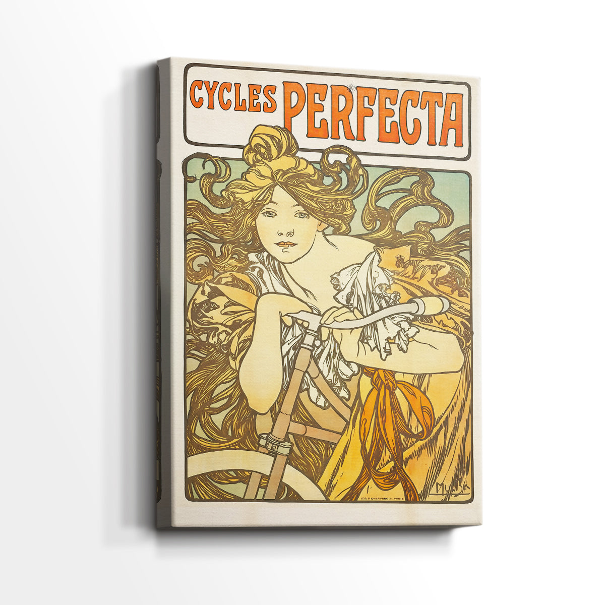 Side view of a canvas art print of a stylized poster with a female figure and mechanical motif, showing gallery-wrapped depth.